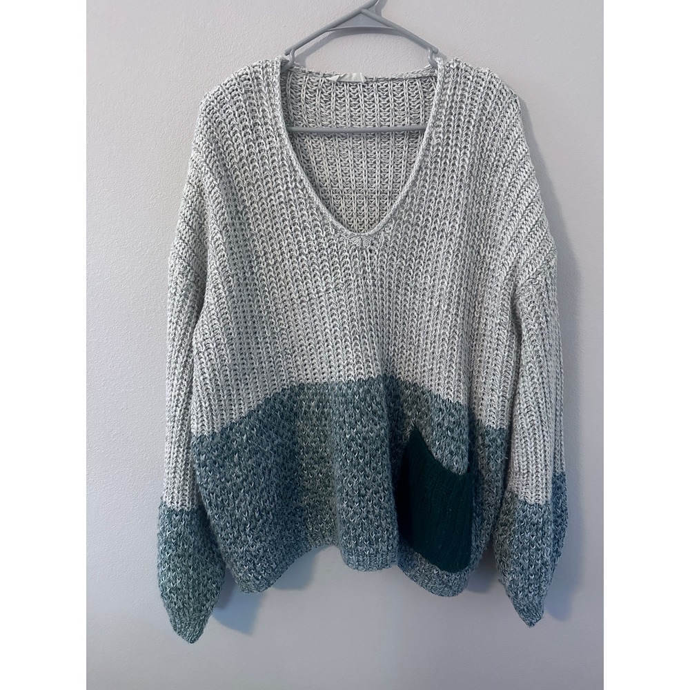 Buron River V-Neck Sweater XL Grey Green Colorblock Chunky Knit Pullover Eagles